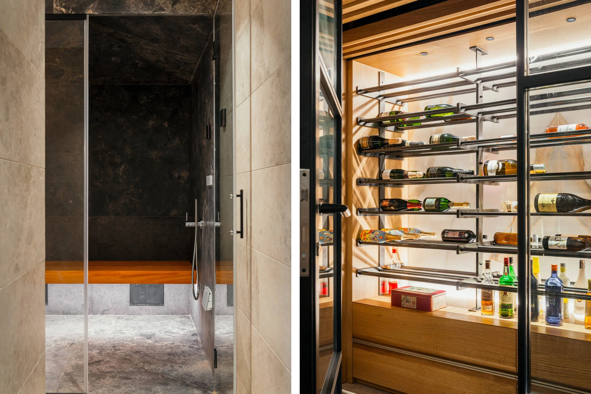 The hammam in dark stone beside the glazed wine cellar