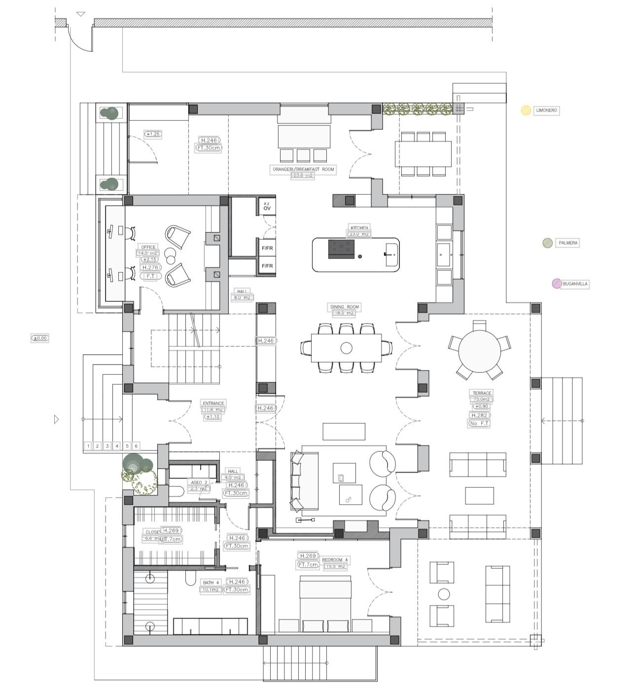 Ground floor plan of La Serena: entrance, hall, office, kitchen, orangery, dining room, living room, bedroom 4 and terraces