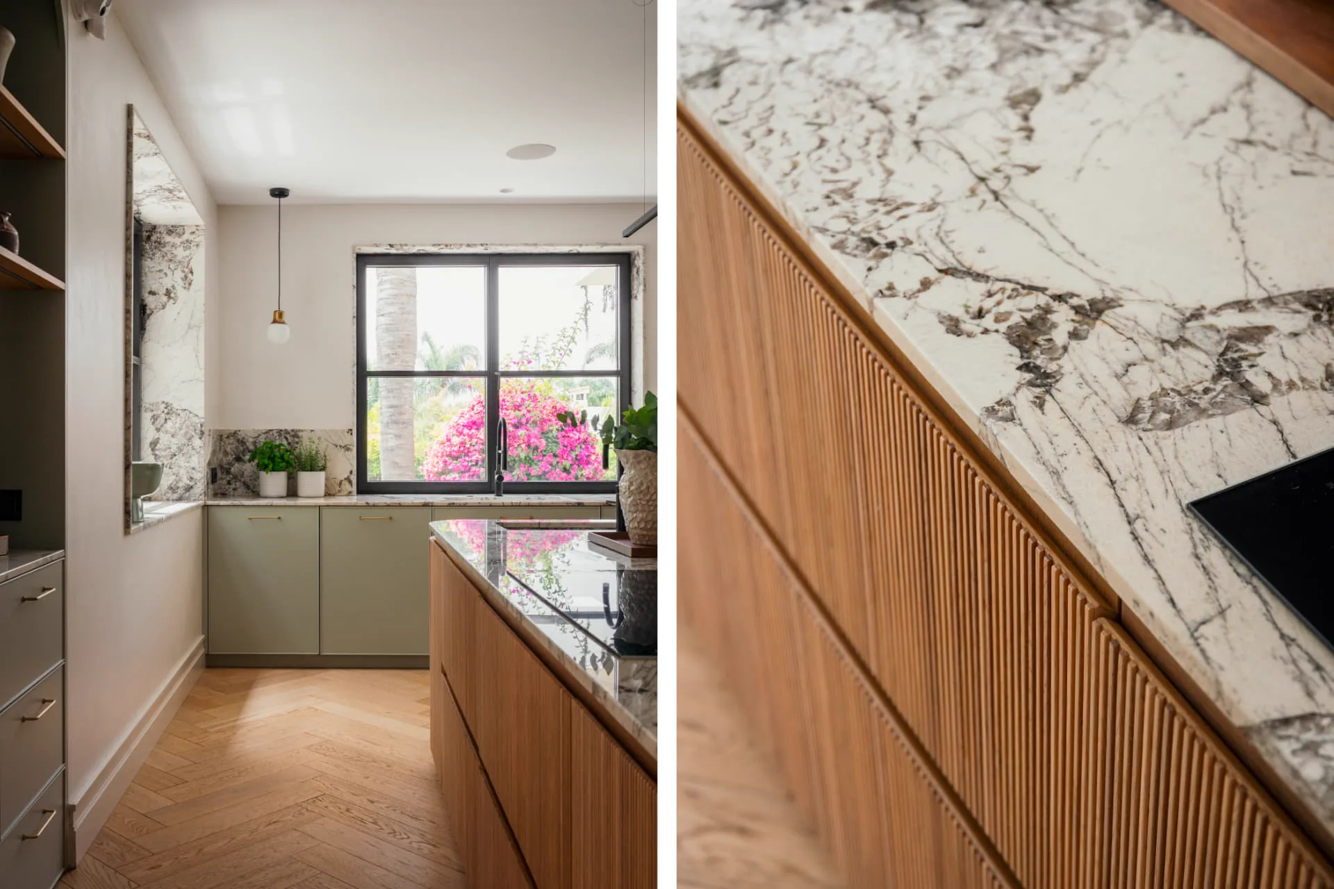 The kitchen in detail: olive cabinetry, marble surrounds and fluted oak island